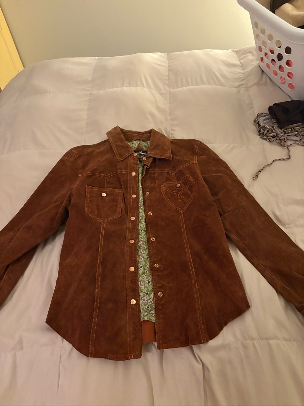 Wilson Vintage Floral-Lined Suede Cowboy Shirt Jacket in Brown